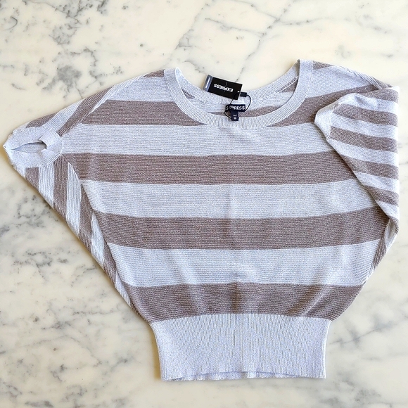 NWT. Express Cotton Blended Dropped Shoulder Short Sleeve Sparkle Stripe Sweater - Picture 3 of 4